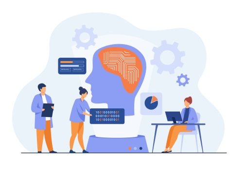 Scientists studying neural connections. Programmers writing codes for machine brain. Vector illustration for artificial intelligence, machine learning, data science concepts