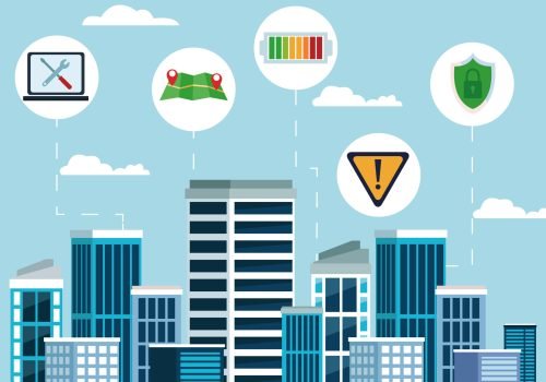 city internet connectivity with technology icons with computer, battery, maps and shield protection in cityscape with skyscrappe cartoon vector illustration graphic design