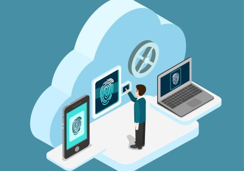 Biometric fingerprint identification internet cloud authentication flat 3d web isometric creative infographic concept vector. Security, secure data access. Touch screen tablet phone and laptop.